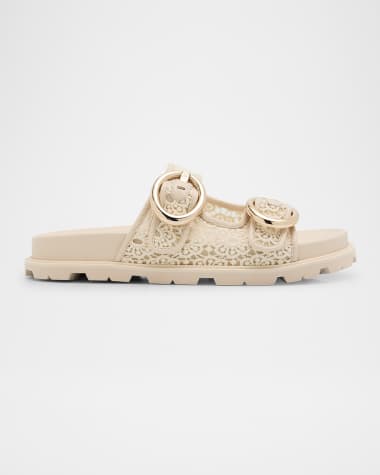 Stuart Weitzman Benni Lace Double-Buckle Slide Sandals