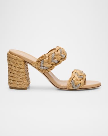 Stuart Weitzman Lana Raffia Crystal Slide Sandals