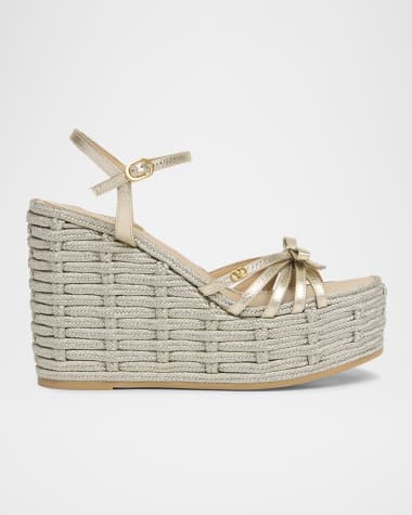 Valentino Garavani Metallic Bow Ankle-Strap Wedge Espadrilles