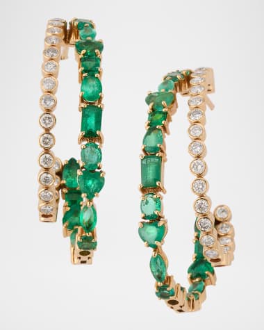 Siena Jewelry 14K Yellow Gold Irregular Emerald and Diamond Hoop Earrings