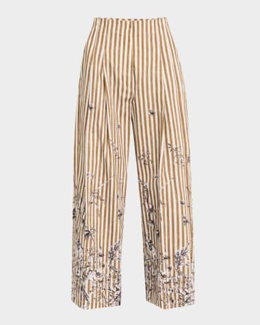 Lela Rose Floral-Print Striped Pleated Wide-Leg Pants