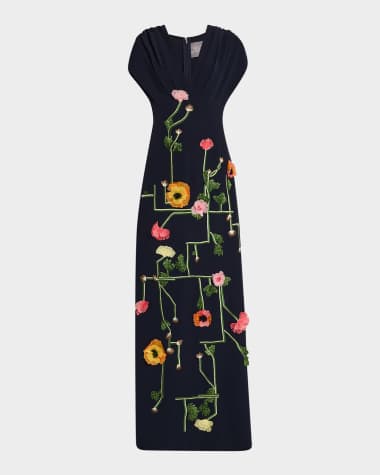 Lela Rose Charlotte Floral-Embroidered Empire-Waist Gown
