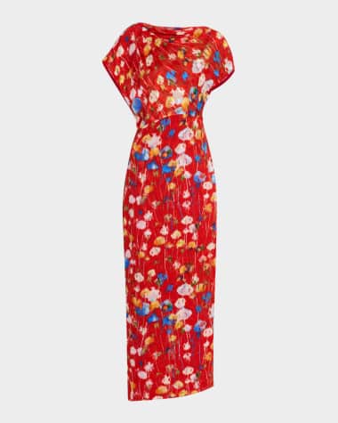 Lela Rose Floral Jacquard Draped-Shoulder Ankle Sheath Dress