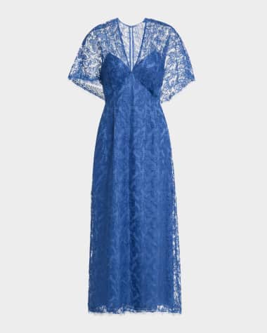 Lela Rose V-Neck Tulip Lace Cape-Sleeve Midi Dress