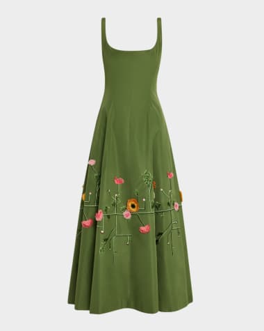 Lela Rose Floral Embroidered Sleeveless Midi Dress