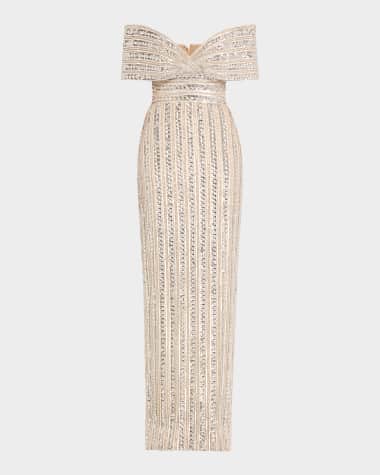Pamella Roland Embroidered Tulle Off-The-Shoulder Gown
