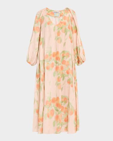 BERNADETTE Peach Print Puff-Sleeve Linen Dress