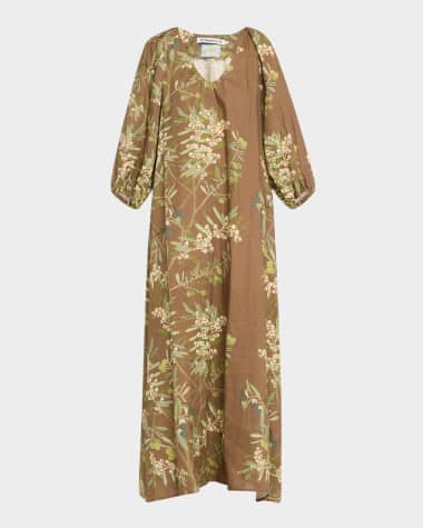 BERNADETTE Puff-Sleeve Printed Linen Maxi Dress
