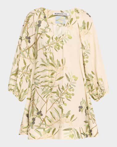 BERNADETTE Flowy Puff-Sleeve Printed Linen Mini Dress