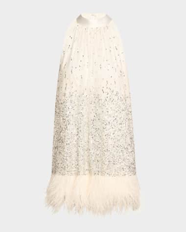 Alice + Olivia Erna Sequined Feather-Trim Mini Dress