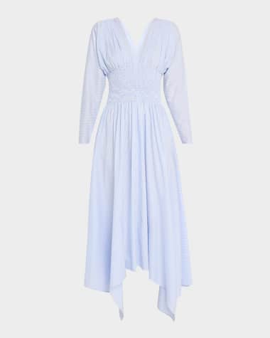 Salon 1884 Camicia Shirred Striped Cotton Poplin Maxi Dress