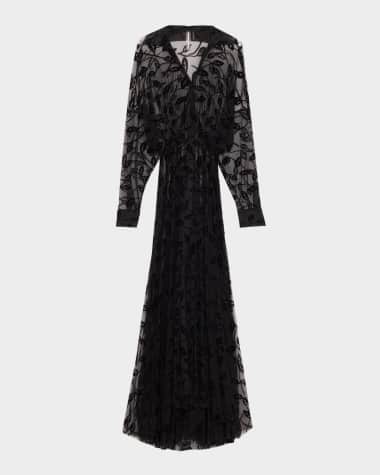 Norma Kamali Leaf Burnout Velvet Super Oversized Boyfriend Shirt Flared Gown