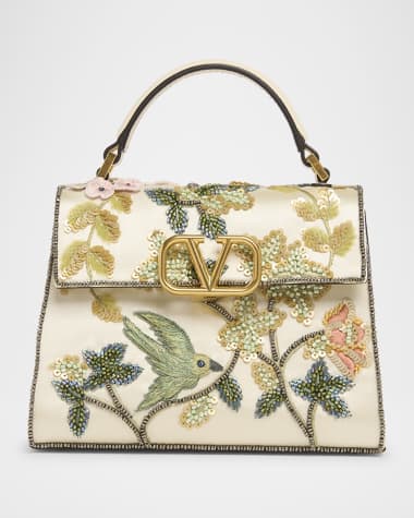 Valentino Garavani VSLING Mini Flower Bird Beaded Satin Top-Handle Bag