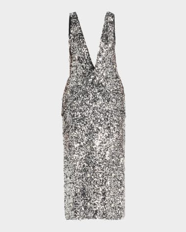 Brandon Maxwell Santha Plunging Draped Sequin Midi Dress