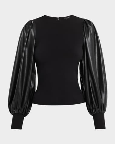 Alice + Olivia Latoria Crewneck Top with Vegan Leather Sleeves