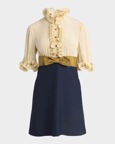 Valentino Garavani Colorblock High Neck Ruffle Mini Dress with Bow Detail