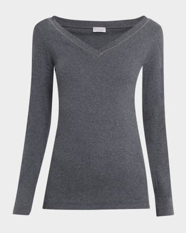 Brunello Cucinelli Monili V-Neck Long-Sleeve Cotton Rib Top