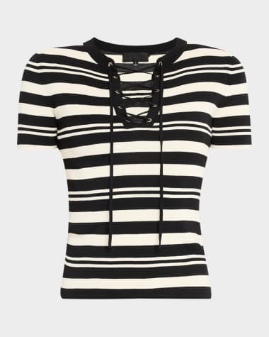 Nili Lotan Oaklynn Stripe Lace-Up Silk T-Shirt