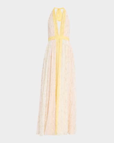 Ramy Brook Leigh Deep V-Neck Fil Coupe Halter Gown