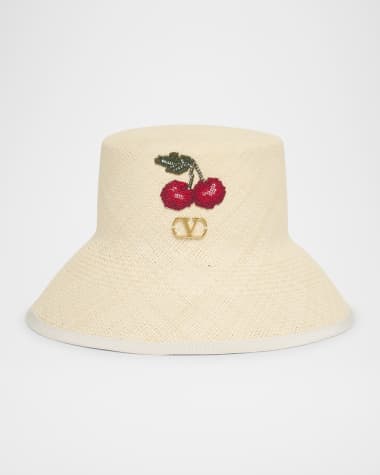 Valentino Garavani VLOGO Cherries Straw Bucket Hat