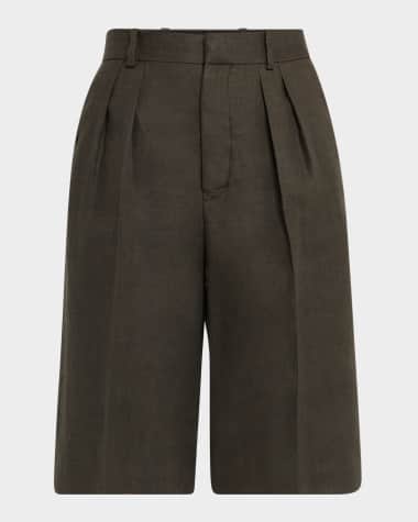 Loro Piana Digby Pleated Structured Linen Wool Bermuda Shorts