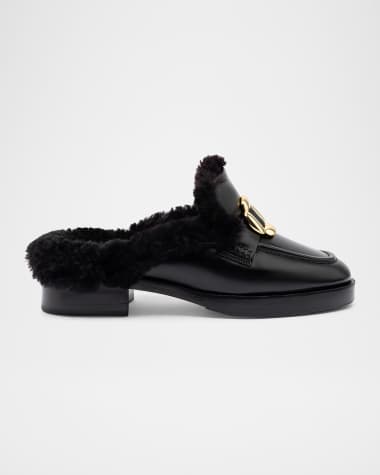Larroude Bobbie Leather Shearling Loafer Mules