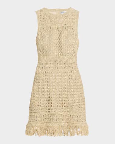 Milly Beaded Fringe-Hem Knit Mini Dress