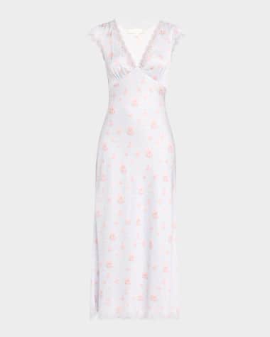 LoveShackFancy Theodore Floral Satin Midi Dress