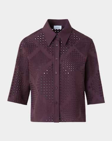 Akris punto Diamond Eyelet Cropped Cotton Poplin Blouse