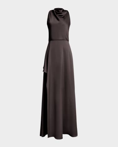 Theia Amara Draped Cowl-Neck Satin Gown