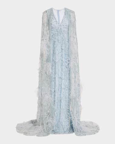 Pamella Roland Crystal Feather Embroidered Tulle Caped Gown
