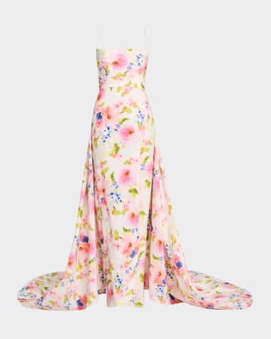 Pamella Roland Strapless White Multi Floral Taffeta Overskirt-Train Gown