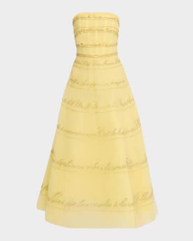 Pamella Roland Strapless Yellow Lyric Embroidered Tulle Ankle Dress