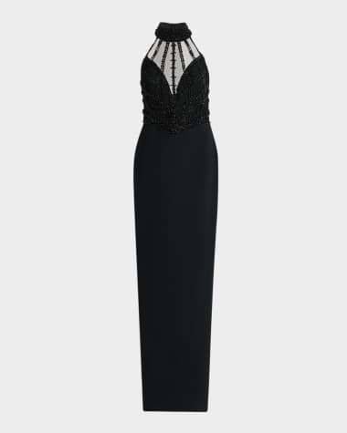 Pamella Roland Embroidered Crepe Halter Illusion Gown