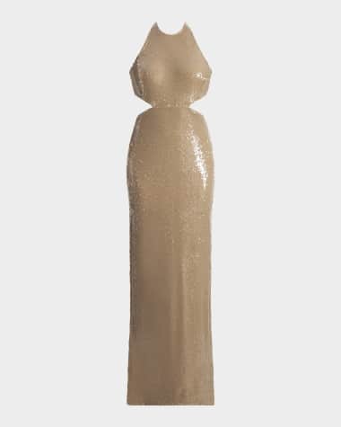 BCBGMAXAZRIA Cutout Sequin Halter Gown