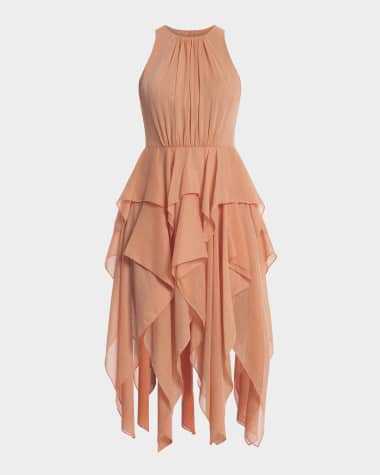 BCBGMAXAZRIA Ruffle Metallic Shimmer Midi Dress