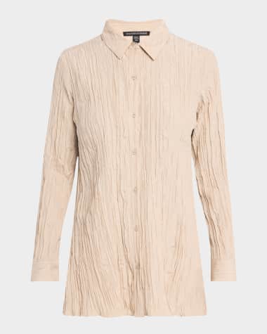Eileen Fisher Petite Crinkled Side-Slit Habotai Silk Shirt