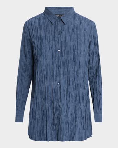 Eileen Fisher Crinkled Side-Slit Habotai Silk Shirt