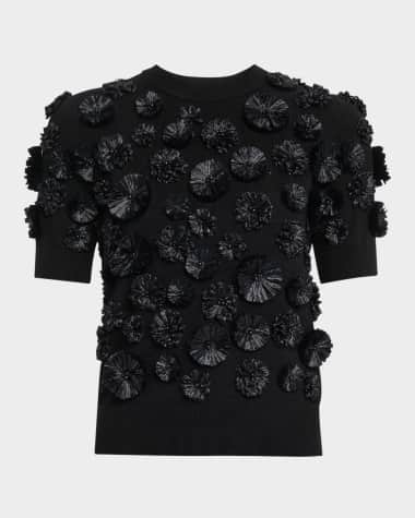 Michael Kors Collection Floral Embroidered Short-Sleeve Cashmere Sweater