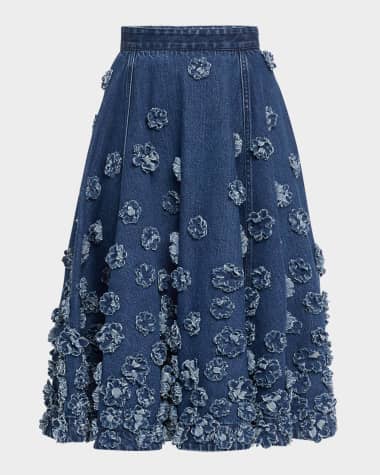 Michael Kors Collection Floral Hand Embroidered Denim Circle Skirt