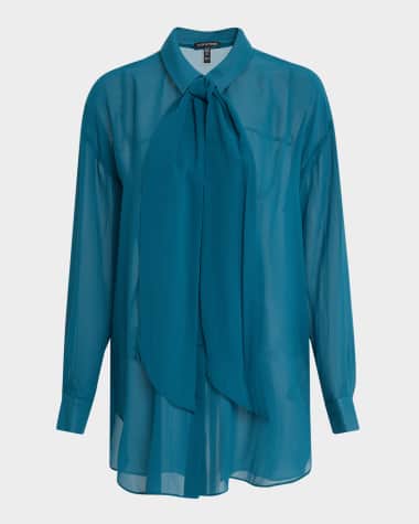 Eileen Fisher Tie-Neck Sheer Silk Georgette Blouse
