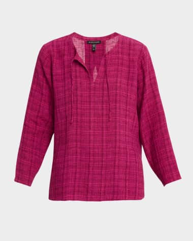 Eileen Fisher Puckered Plaid Organic Linen Top