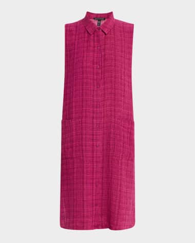 Eileen Fisher Crinkled Plaid Organic Linen Shift Shirtdress