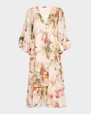 Kobi Halperin Limone Tiered Floral-Print Fil Coupe Midi Dress