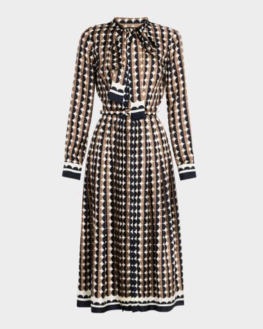 Oscar de la Renta Mini Geo Silk Twill Neck-Tie Long-Sleeve Midi Dress