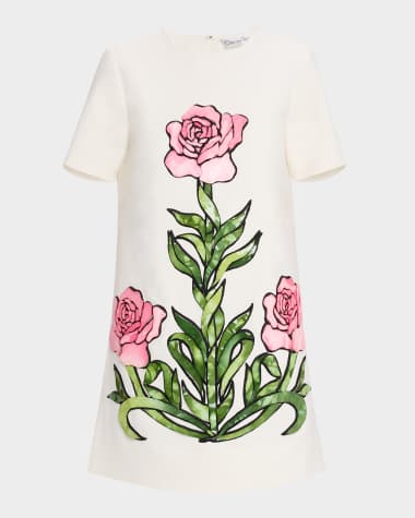 Oscar de la Renta Short-Sleeve Rose Embroidered Mini Shift Dress