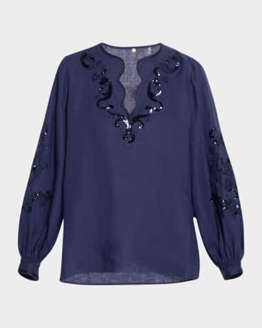 Kobi Halperin Soraya Sequin Embroidered Linen Blouse
