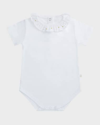 Marie Chantal Kid's Embroidered Ruffle Collar Bodysuit, Size 3M-24M
