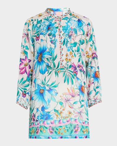 Johnny Was Leena Embroidered Floral-Print Silk Tunic