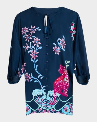 Johnny Was Harlyn Floral-Print Keyhole Blouse